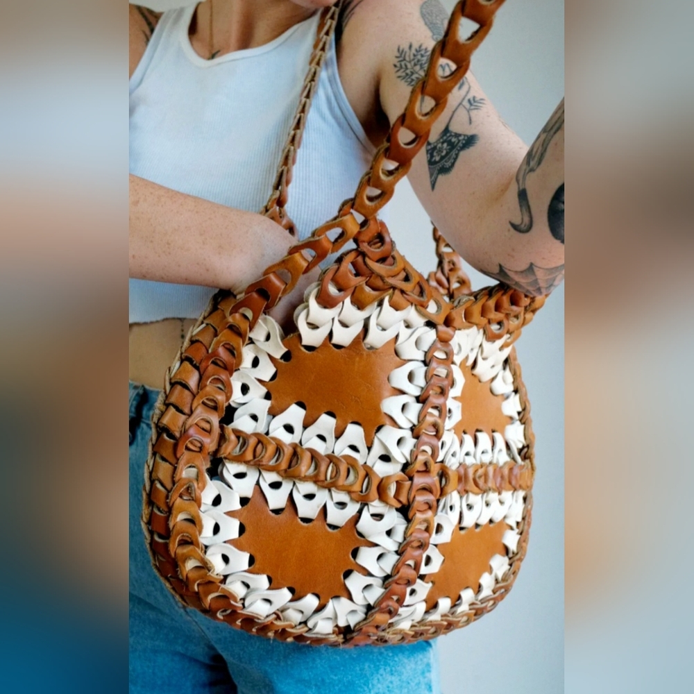 Genuine Braided Leather Boho Chic Hobo Bag Two-Tone Cognac/White - Picture 6 of 13